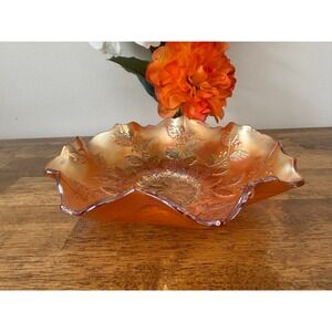 Vintage Carnival Glass Bowl Grape Vine Ruffled Edge Marigold Iridescent Dish